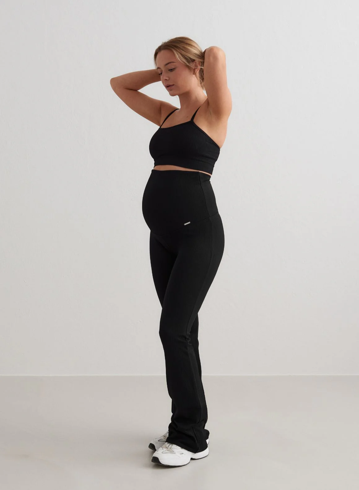 Black Ribbed Seamless Flare Maternity Tights - Image 3